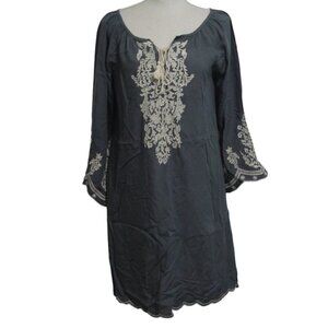 CHIC CONNECTION Boho Dress Women's Size Medium Gray White Embroidery Bell Sleeve